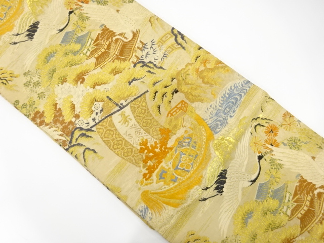 アンティーク　宝舟に双鶴模様織出し丸帯（材料）